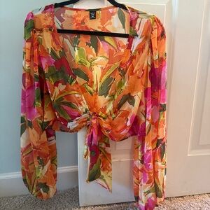 Floral Tie-Front Long Sleeve Top - Orange Multi
